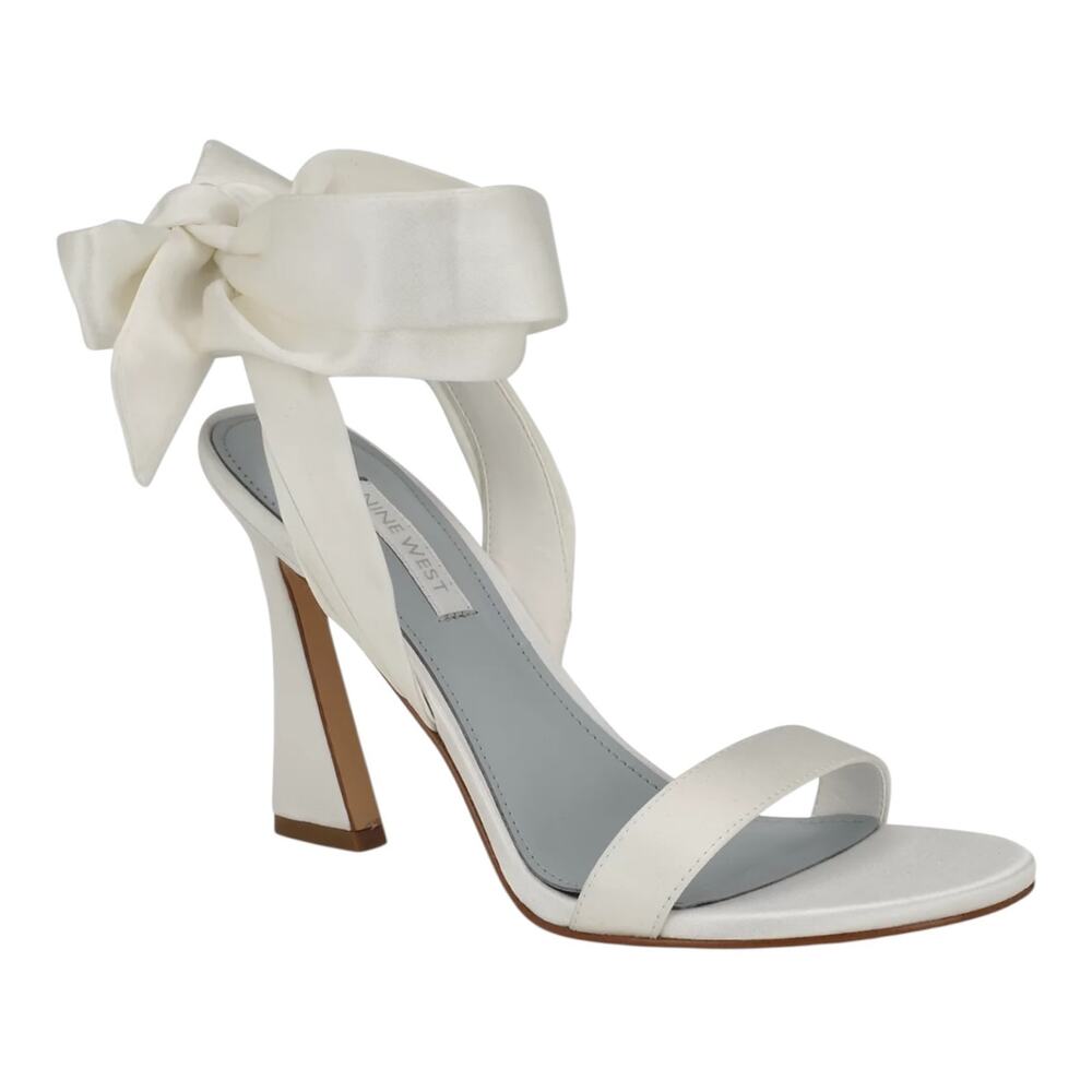 Nine West Women's Kelsie Ankle Wrap Sculpted Heel Sandals White Satin Size 7 1/2